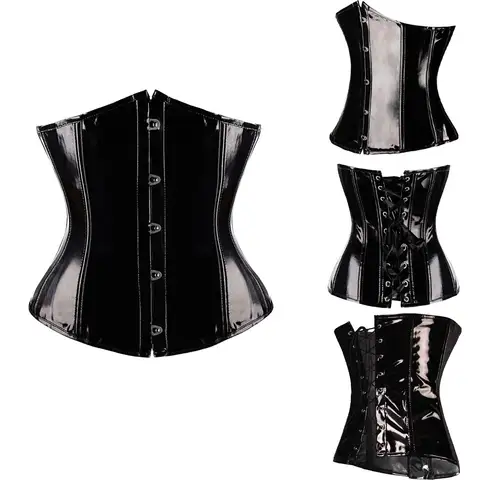 Leather Gothic Corset Waist Cincher Steampunk Underbust Corsets Glossy PVC Underbust Corset Bustier Tops Women Plus Size