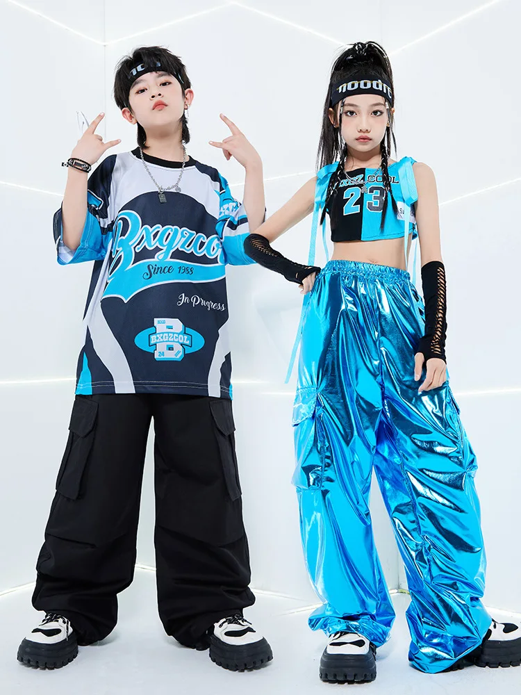 Jungen Hip Hop T-shirt PU Leder Glänzende Cargo Hosen Mädchen Kühlen Crop Top Streetwear Kinder Street Dance Kostüme Kind Jazz Kleidung