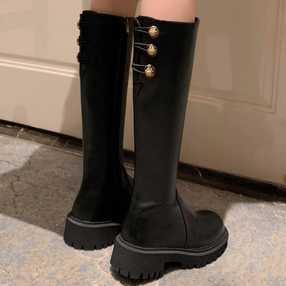 

Women's genuine leather thick sole platform flats autumn winter knee high boots soft comfortable casual female winter long boots