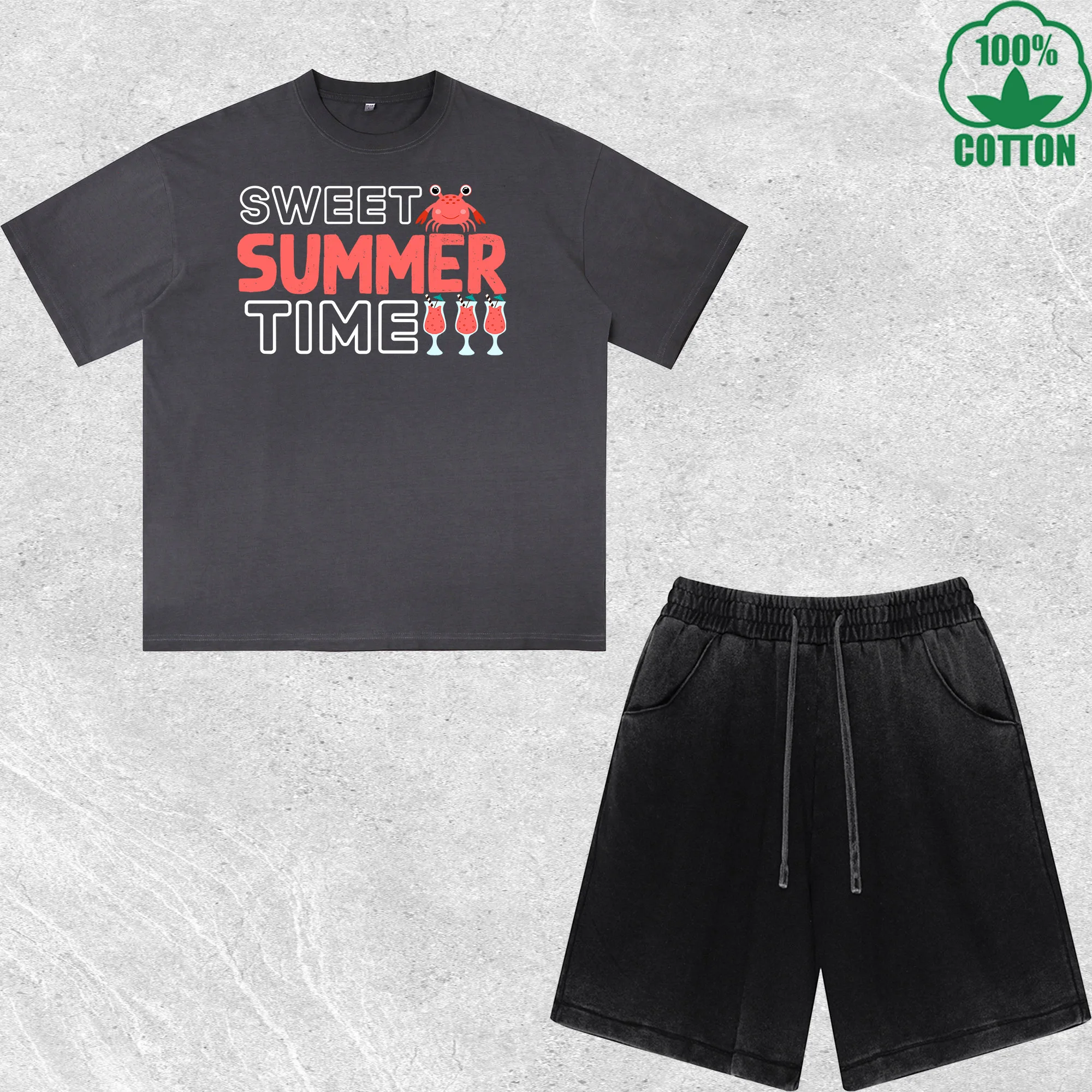 

Sweet Summer Time Printed Dirty Wash T-Shirt Shorts Set Combo Loose Trendy Fashionable 100%Cotton Black Suit