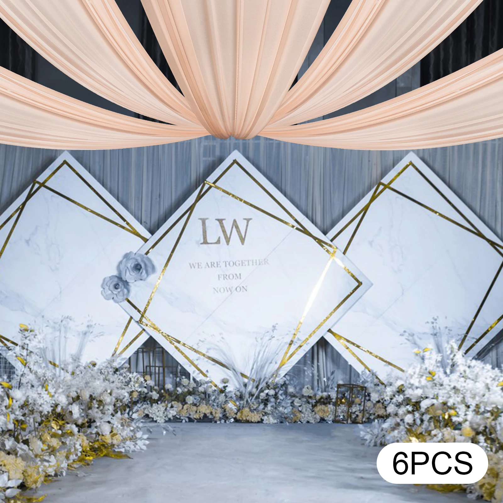 

Светлые 6-шт. розовые потолочные шторы, шифоновые фоновые шторы, свадебные потолочные драпировки для приема, сценическая арка