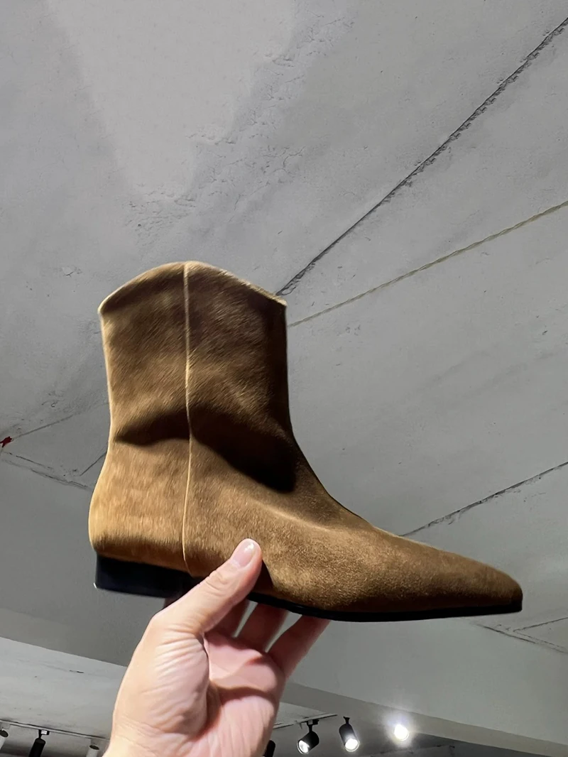 

Leather Version Fall New Pointed Toe V Mouth ort Velvet Surface Single Boot ey Frosted Chelsea Boot Western Boot Women