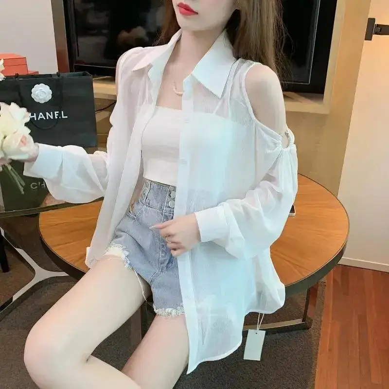 Fashion Lapel Button Solid Color Off Shoulder Chiffon Shirts Female Clothing 2024 Summer New Loose Sweet Tops Casual Blouses