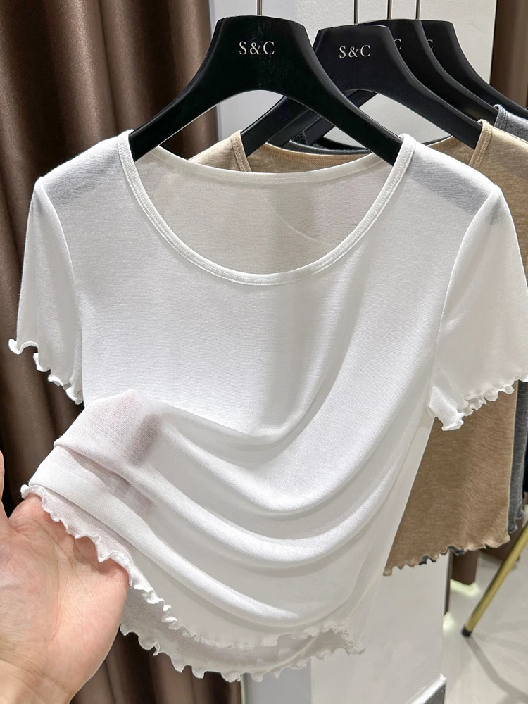 

Женская приталенная футболка с круглым вырезом из модала и ледяного шелка, модная базовая модель в корейском стиле, тонкая, для повседневной носки