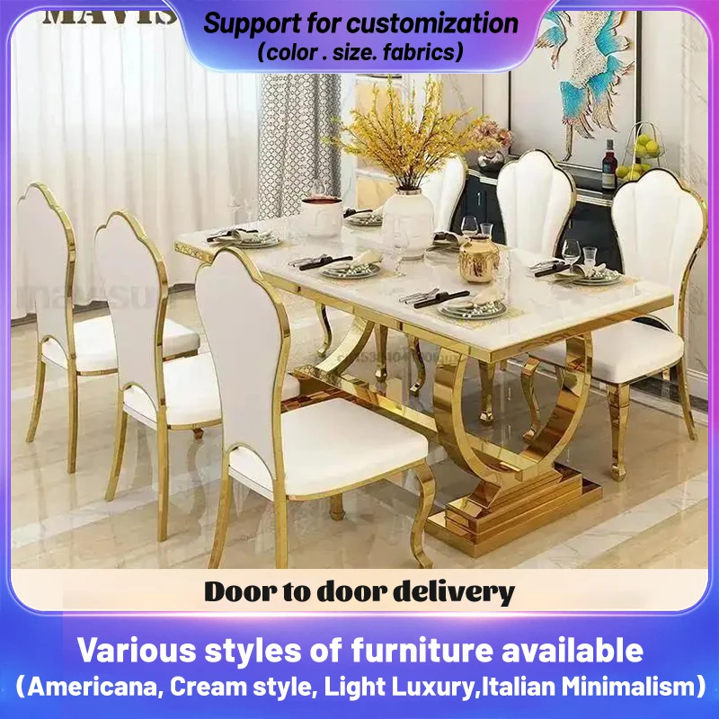 

Light Luxury Kitchen Table With Marble Rectangle Stable Gold Plated Stainless Steel Frame Dining Table And Chairs Combination