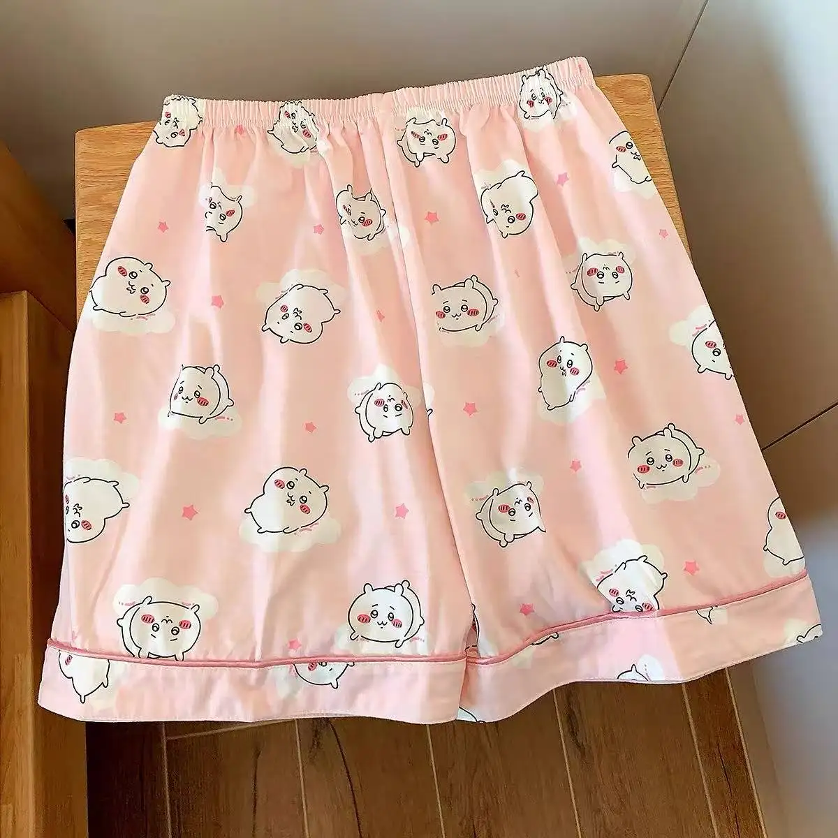 Cute Chiikawa Print Sleep Shorts Pink Cloud Star Pattern Loose Casual Pajama Bottom Soft Home Wear Short Pants Unisex Loungewear