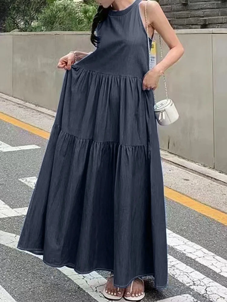 Halter sólido maxi vestidos soltos casuais sem mangas férias feminino em camadas vestido moda falso denim a linha vestidos