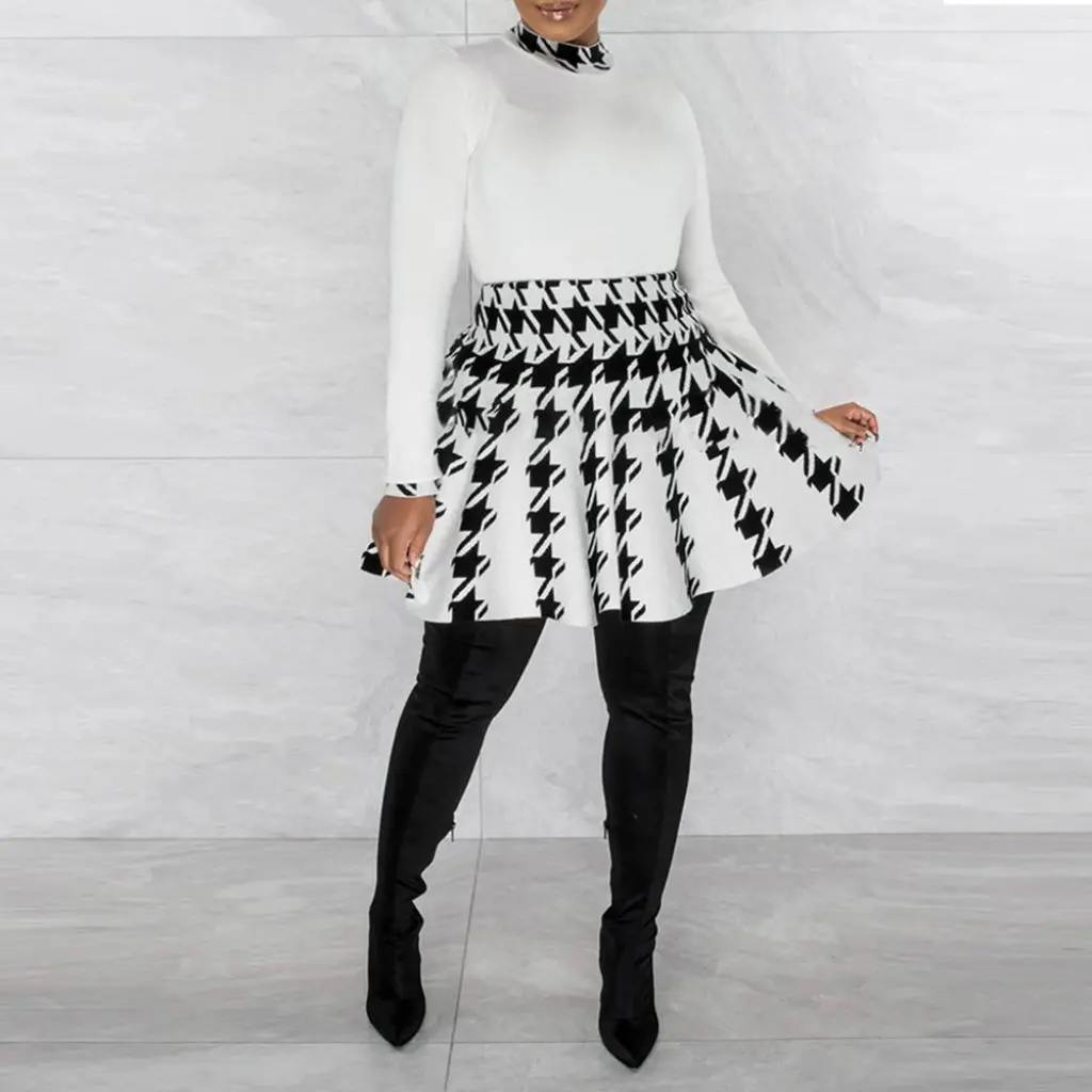 Tm8522 Dwuczęściowy zestaw w pepitkę, styl casual, długa spódnica z rękawami typu swing, modny damski komplet