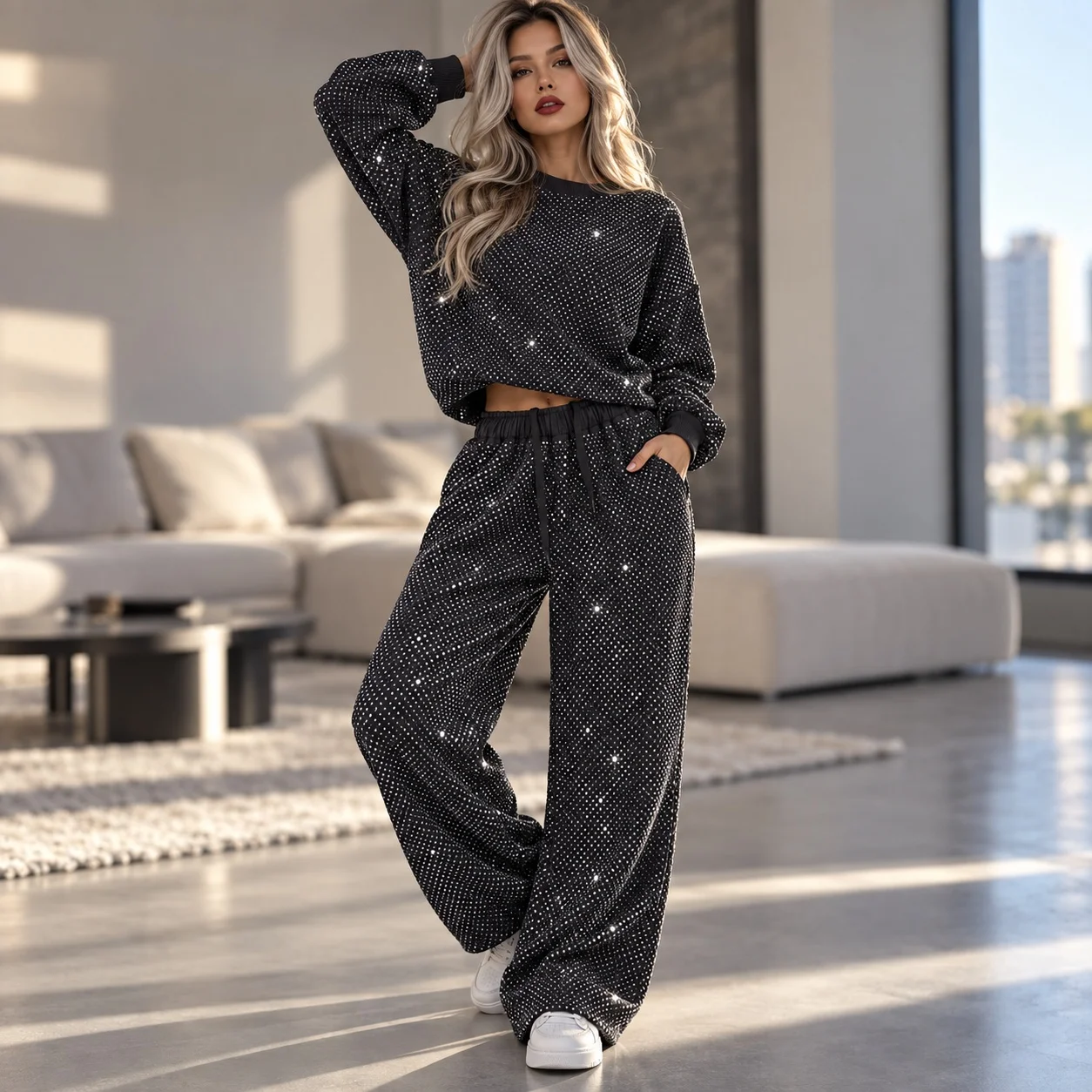Sequin Long Sleeve Set Casual with Regular Sleeve Japanese Korean Casual High Manganese Wash No Pattern Women Winter Set
