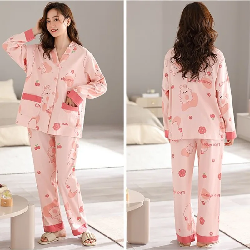 Girls High-grade Cotton Pajamas Ladies Spring Autumn Sleepwear Women Long Sleeve Loungewear 2-piece Set Plus Size Home Clothes