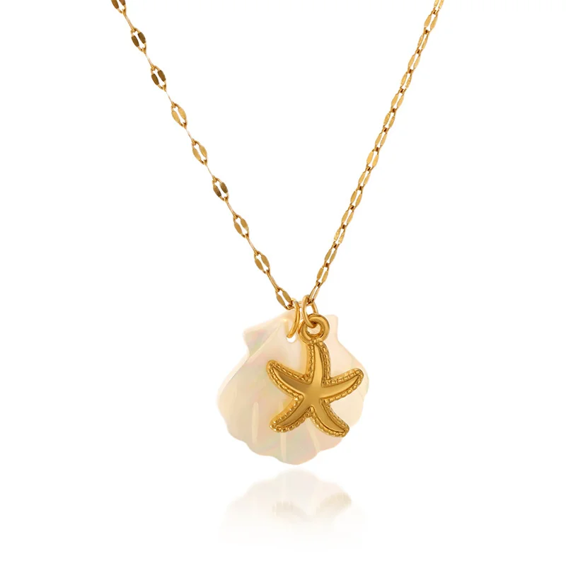 Summer Fashion Beach Ocean Style Titanium Steel Pendant Necklace Stainless Steel 18K Gold Starfish Conch Shell Necklace Female