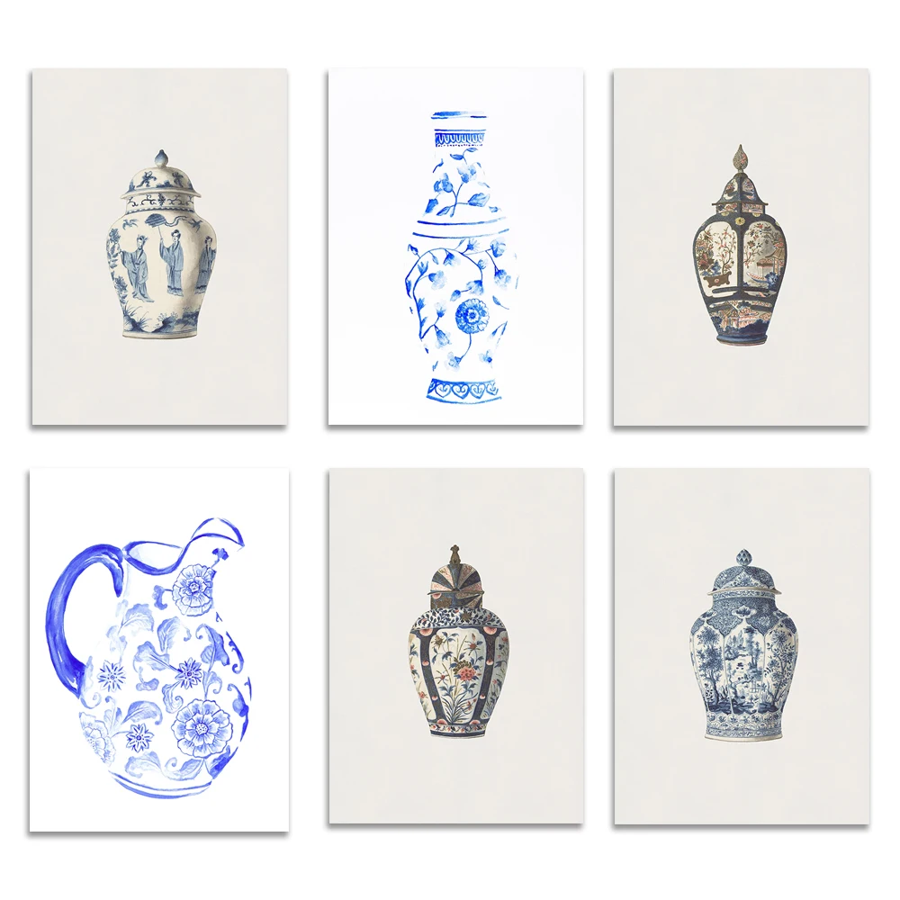 French antique chinoiserie vase art poster, chinoiserie watercolor blue and white porcelain vase, ginger jar print, asian art