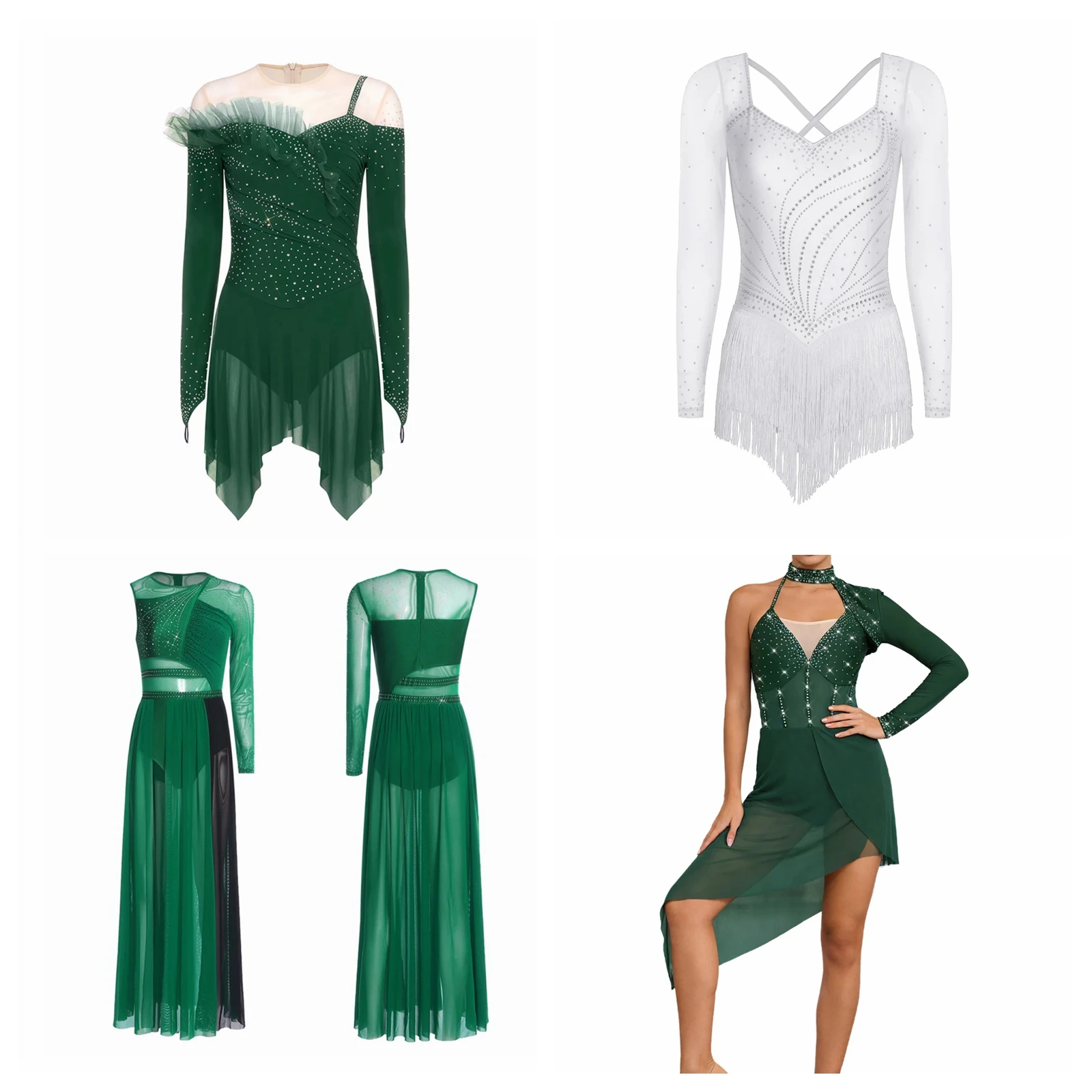 

Womens Modern Performance Dance Wear Lyrical Dance Costume Rhinestones Bodysuit Dress Irregular Mesh Hem Skating Ballet Dress
