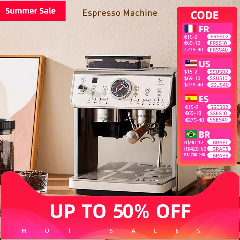 Машина для измельчения и эспрессо. Домашняя автоматическая машина для измельчения кофейных зерен. Паровой вспениватель молока. Двойные насосы и двойные котлы.