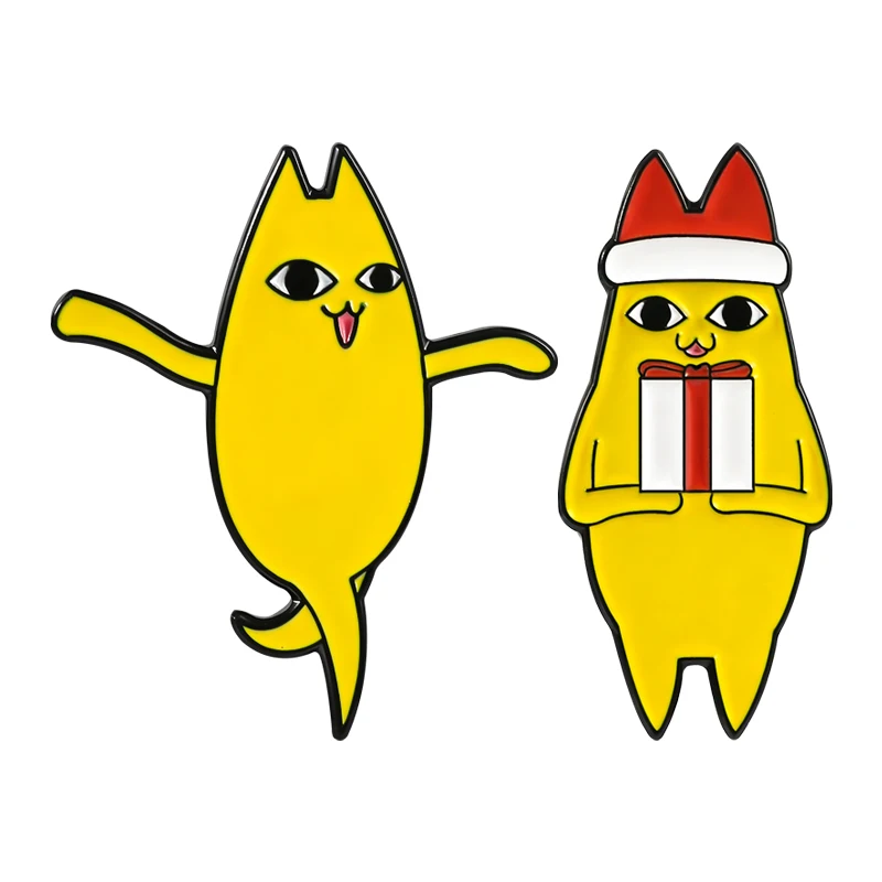 

Cartoon Animation Cat Enamel Pins Cute Mythical Cat with Funny Pose and Christmas Hat Gift Box Design Badge Brooch Jewelry Gift