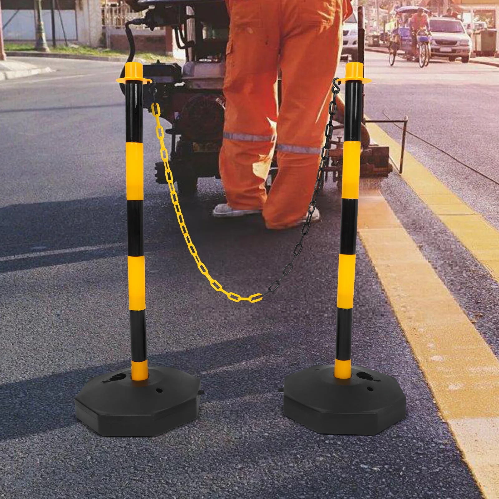 1 Juego de postes de tráfico de bolardo de carretera, barrera de seguridad de plástico portátil, Base rellenable, estacionamientos, sitios de construcción, tráfico de seguridad