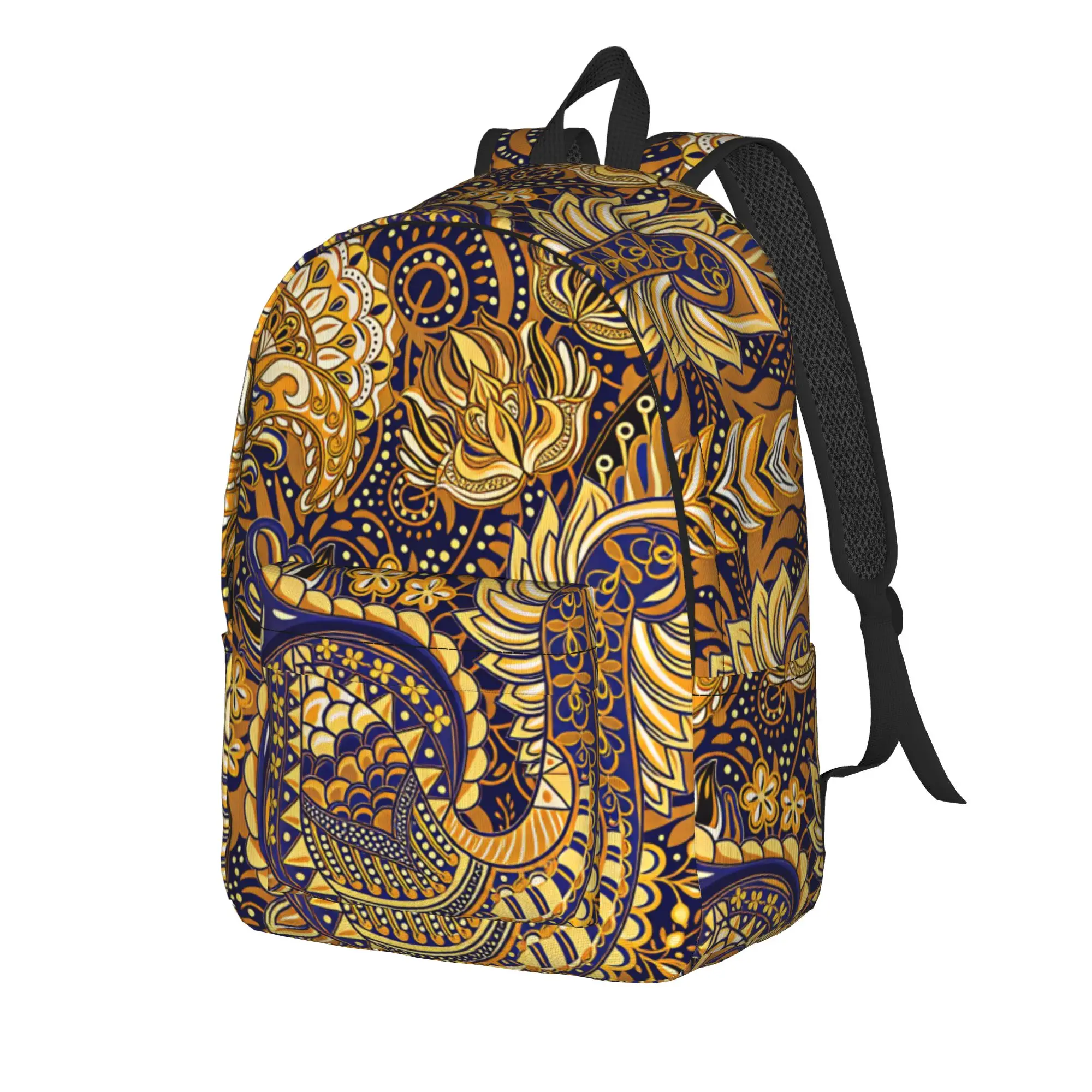 Navy Gold Luxury Paisley Backpack  University Backpacks Men Custom Big School Bags Kawaii Rucksack