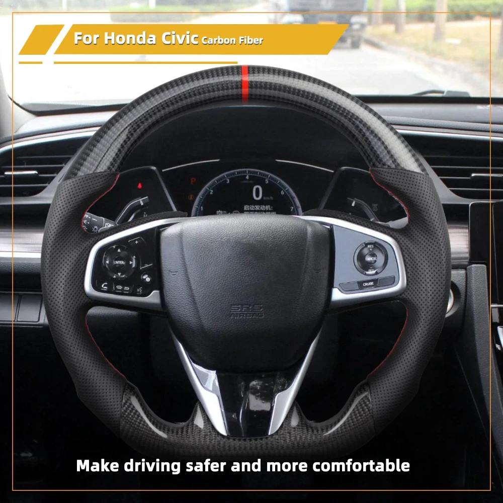 

Real Carbon Fiber Steering Wheel For Honda Civic Type-R 10th Gen 2016-2021 Perforated Leather Red Stitch Racing Steering Wheel