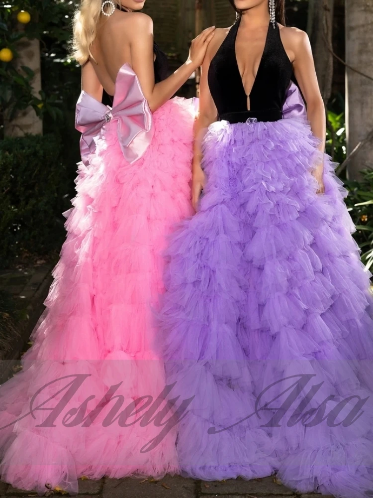 تخصيص أنيقة المرأة فساتين لحضور الحفلات الموسيقية الخامس الرقبة ألف خط المتدرج تنورة طول الأرض ملابس سهره رسمية فستان حفل زفاف الضيوف 2025