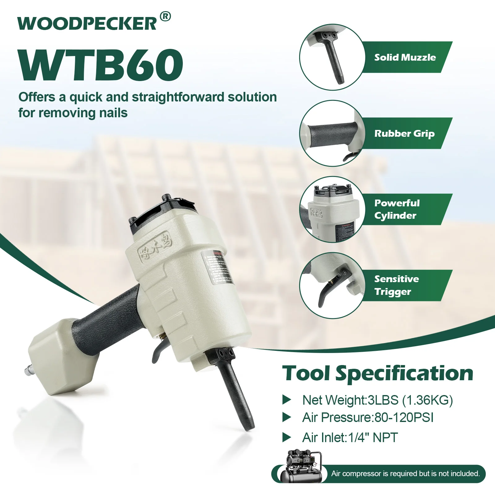 WOODPECKER WTB60 Pneumatic Nail Puller with Safety, Labor-saving for Removing Rusty Pallet Nails from Discard or Recycled Wood
