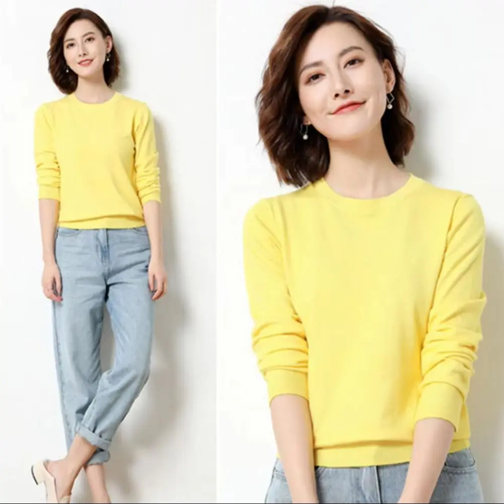 

Women Winter Tops Solid Color Crew Neck Long Sleeve Pullover Sweater Loose Fit Ribbed Trim Casual Knitting Tops