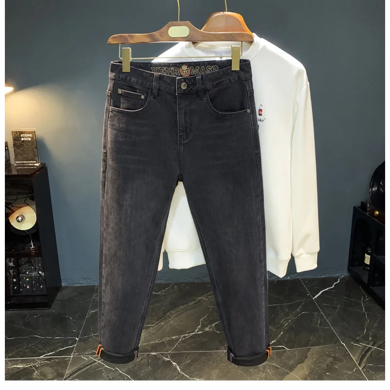 Джинсы с девятью точками, осень 2021, новые черные потертые эластичные универсальные брюки-маленькие мужские трендовые брюки высокого класса