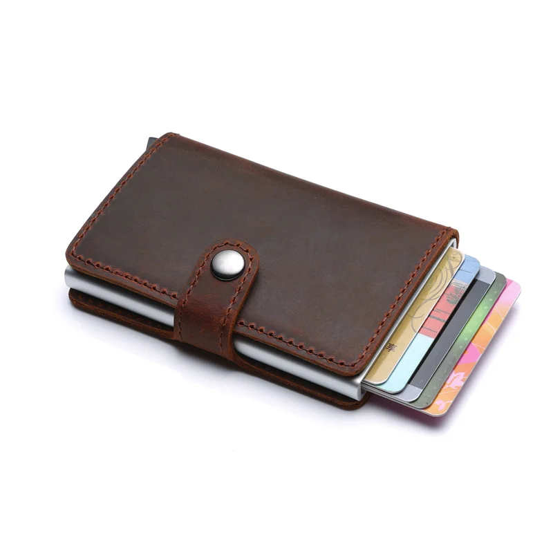 Horse Fashion Crazy Genuine Leather Card Holder Men Wallet Business Cover With Aluminum Alloy Case Black Coffce Browm