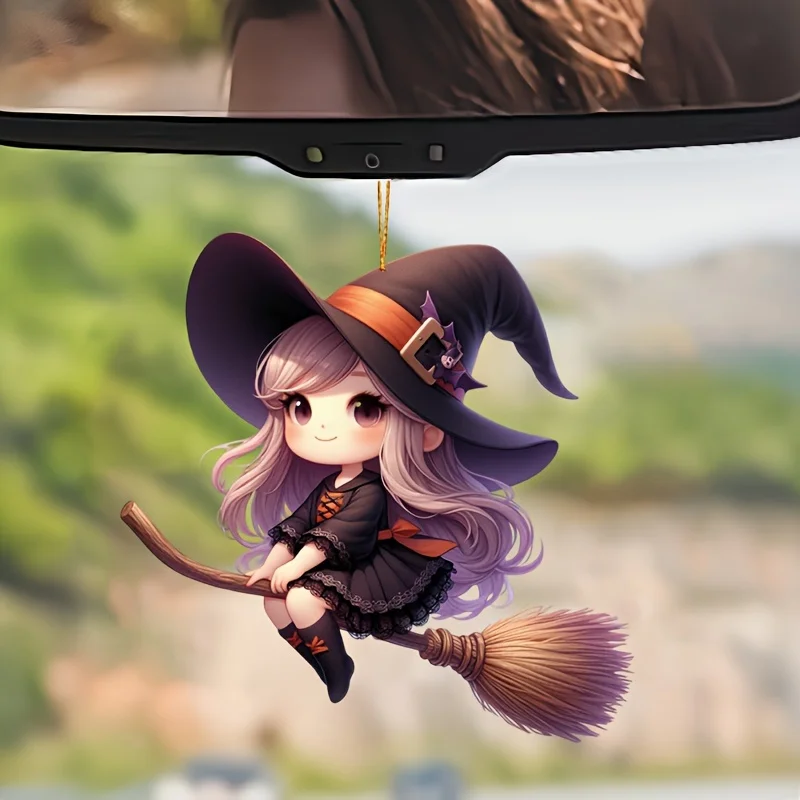 Cute Witch On The Broomstick Acrylic Decorative Pendant Car Accessories, 2D Flat Pendant Decoration Halloween Christmas Pendants