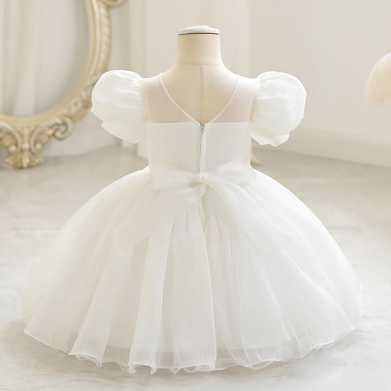 Little child dress skirt palace style bubble sleeve short style mesh gauze Pengpeng sweet princess wind champagne color W002