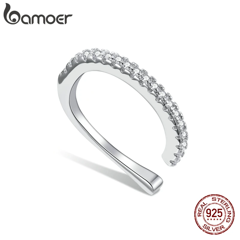 bamoer Mono-earring Silver Simple Ear Clip Earring 925 Sterling Silver Whilte Zircon Earring Gift for Girl Fine Jewelry SCE1022