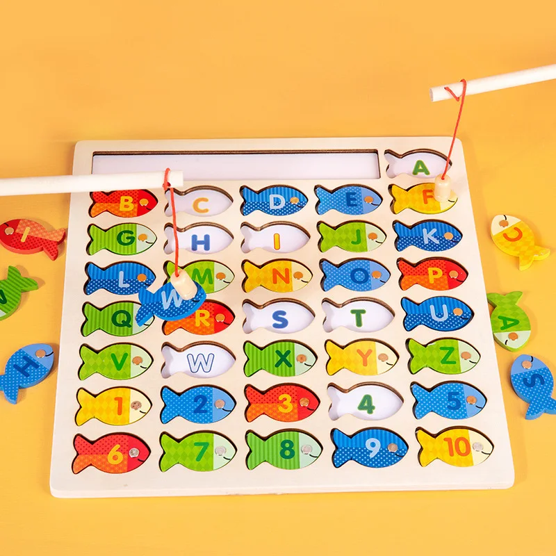 Children's educational toys magnetic fishing games wooden alphanumeric cognitive fishing toys boys and girls parent-child game