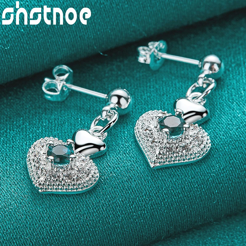 

SHSTONE Hot 925 Sterling Silver Heart Jewelry Blue AAA Zircon Drop Earrings Gift For Women Bride Lady Birthday Wedding Christmas