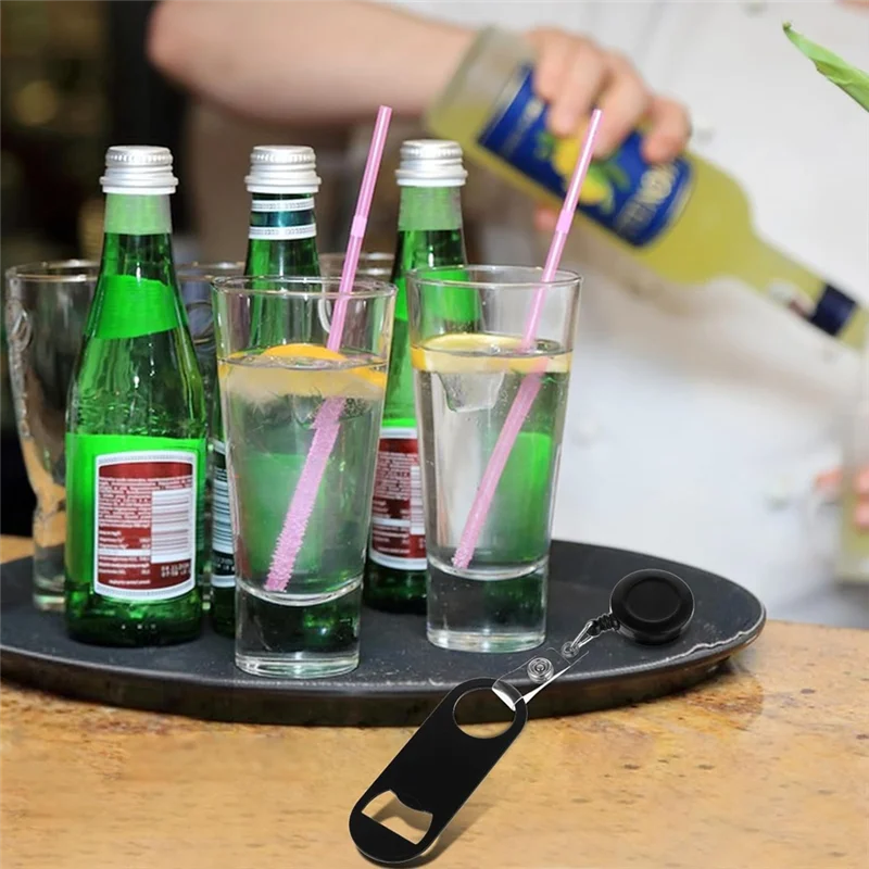 ELEG-10個 格納式フラットボトルオープナー、ミニバーキー、ビールボトルオープナーバーテンダー、ラウンドリールクリップ付き