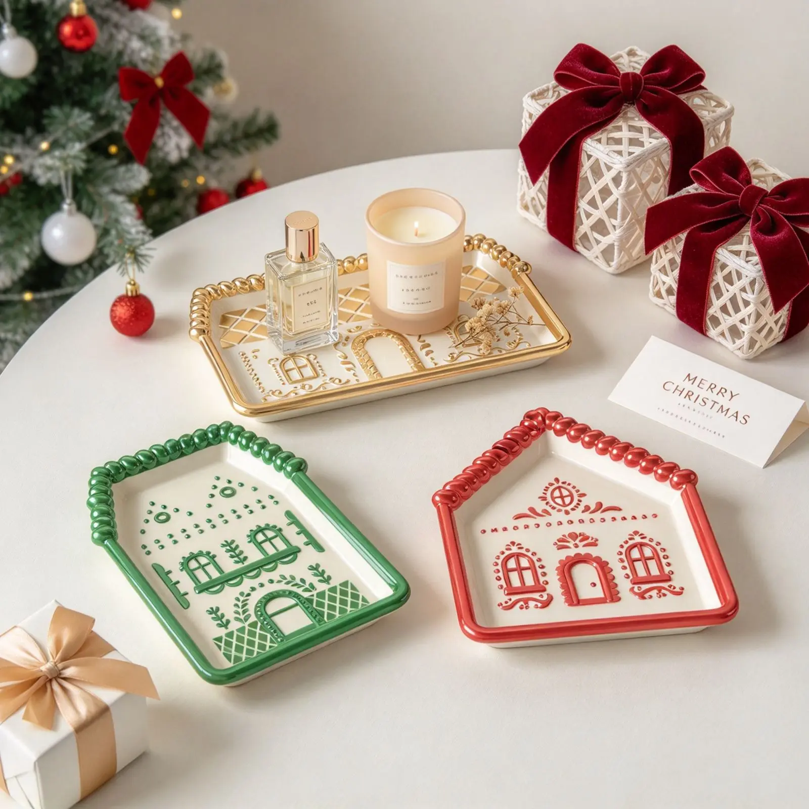 Christmas Gingerbread House Tray Silicone Mold DIY Embossed Pattern House Dish Mould Resin Plaster Clay Craft Making Tools