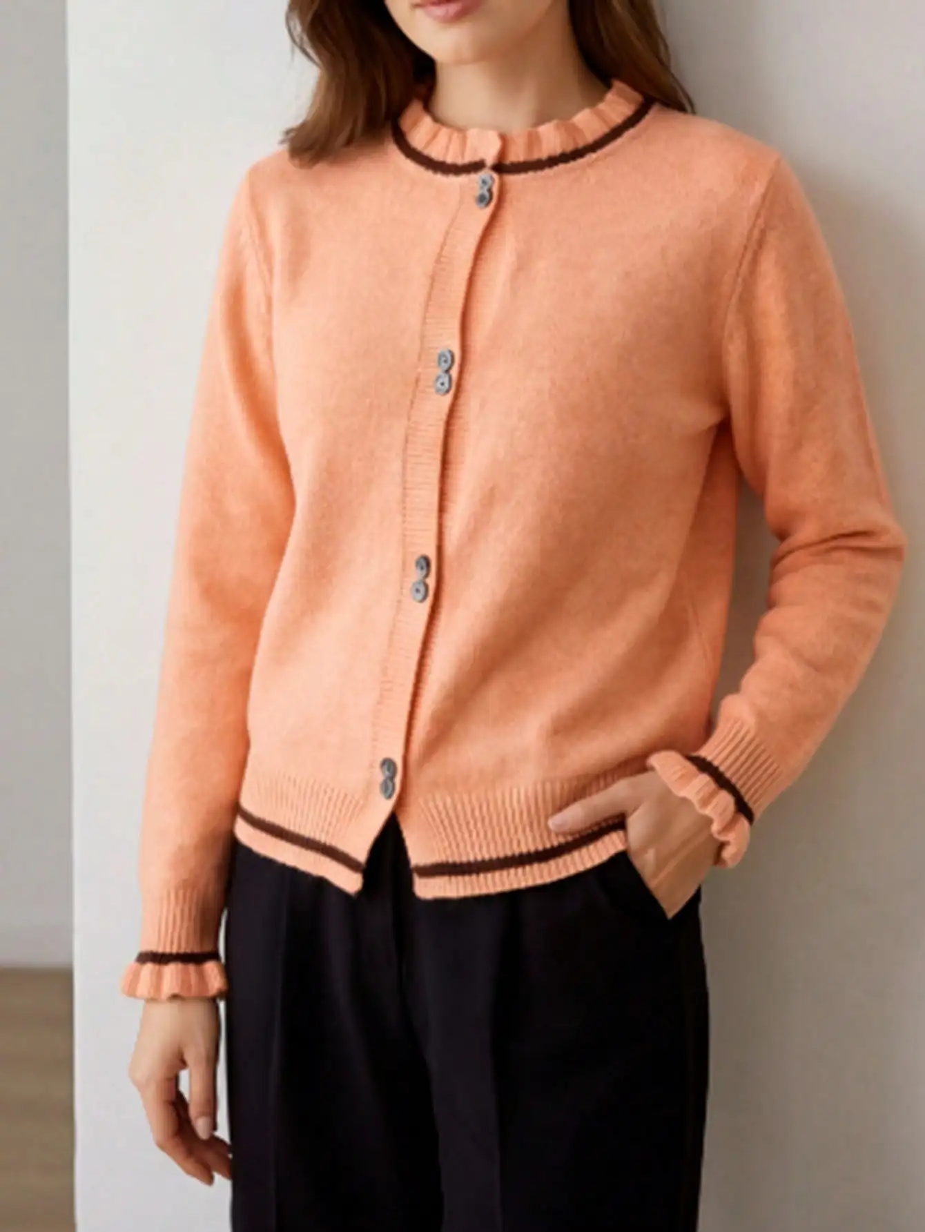 Women Plus Size Cardigan Sweater Ruffle Trim Contrast Color Button Up Knit Top Soft Long Sleeve Autumn Winter Casual Elegant