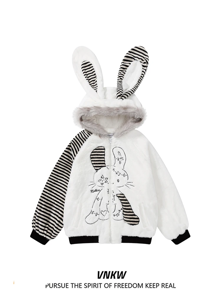 

Осенне-зимняя модная американская толстовка-кардиган с полосками и кроличьими ушками, свободного кроя, с воротником из искусственного меха, для пар