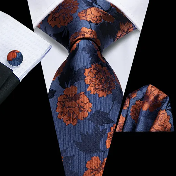 VERVEROW Multi‑Color Luxury Flower Print Necktie Handkerchief Cufflinks Kit Men Formal Wedding Party Accessory