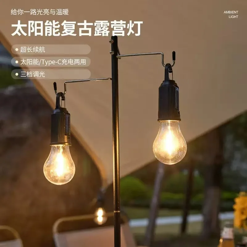 Solar Camping Lamp Bulbs Outdoor USB Charging Solar Powerd Hanging Lights Portable Tent Light Waterproof for Camping BBQ Decor