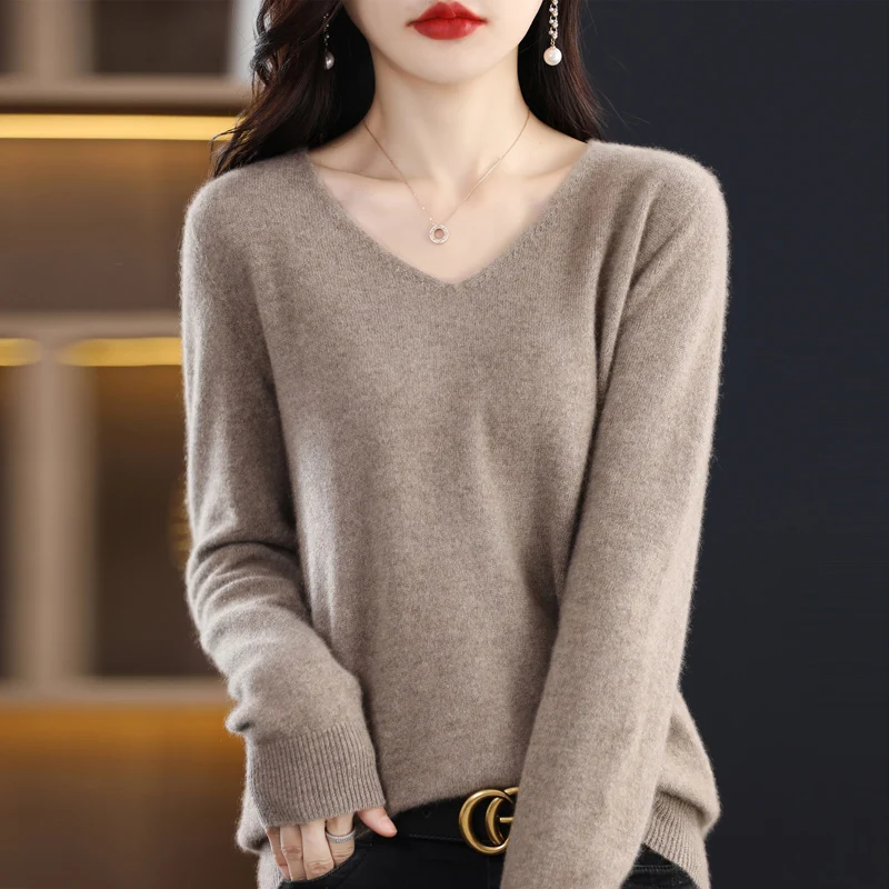 Line 1 Cashmere Sweater Women\'s V-Neck Pullover Slim Fit Fashion Knit Underlay 100% Pure Wool Basic Jacket Korean Topfour season