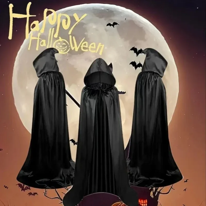 Capa negra con decoración de Halloween para niños y adultos, bata de mago con capucha, disfraz de Cosplay de Grim Reaper para uso en fiestas y eventos
