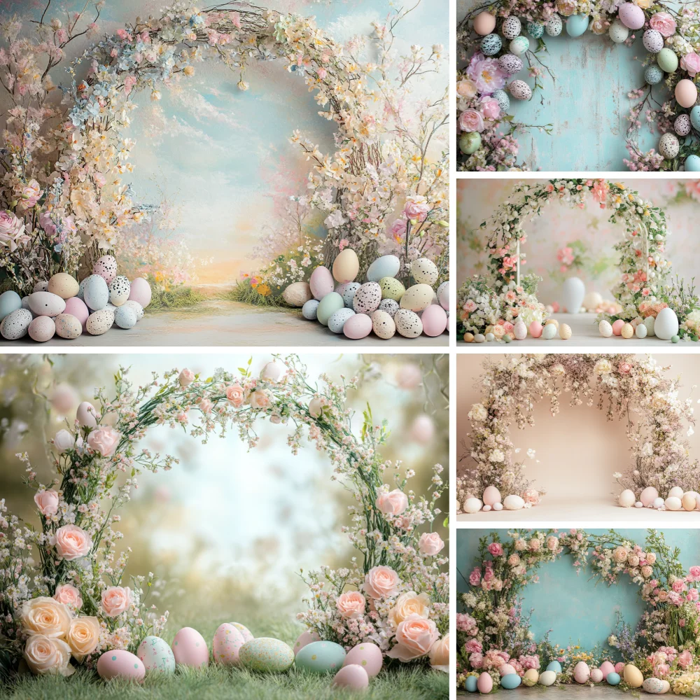 

Spring Easter Background Green Wreath Rabbit Easter Egg Flower Grass Children's Party Decoration Photo Photography Background