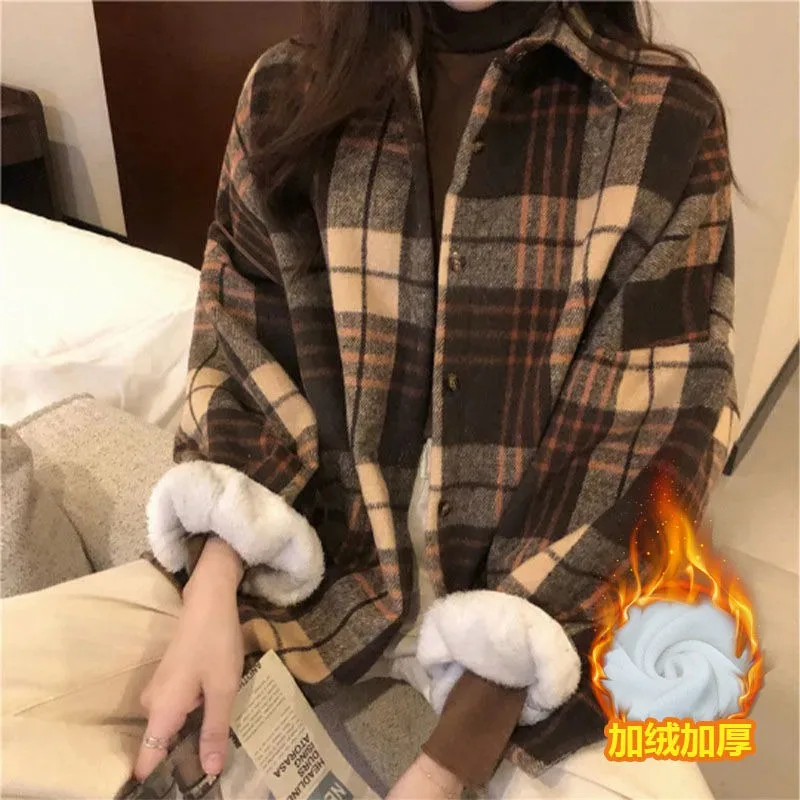 QWEEK Plaid Vintage Fleece Shirt Korean Style Office Harajuku Women's Blouse Oversized Long Sleeve Button Up Outerwears Winter