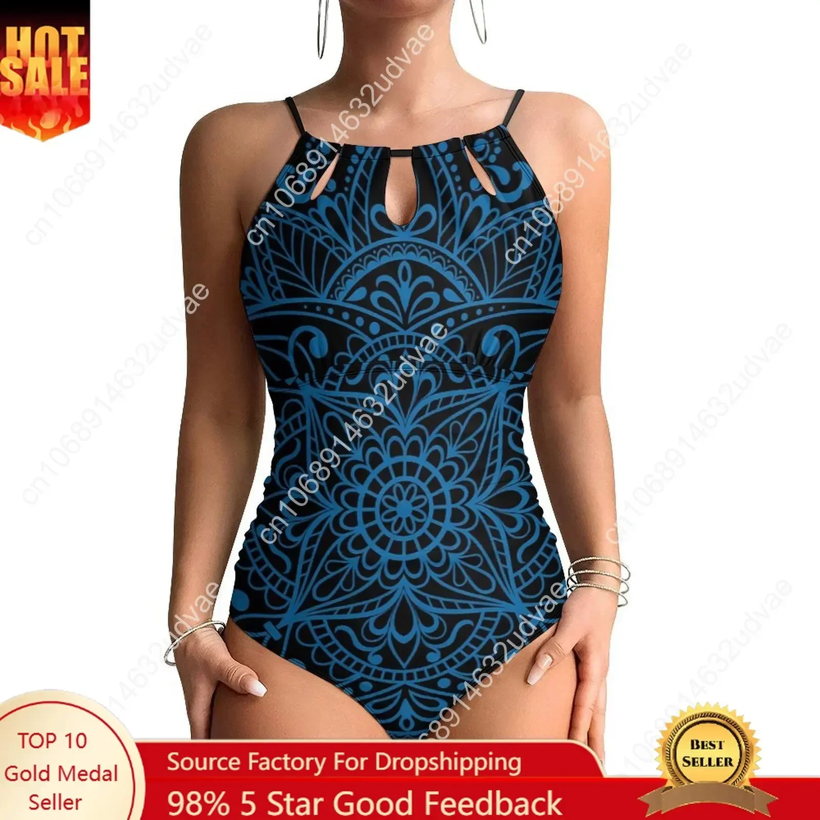 Blue Mandala Swimsuit Abstract Floral Print One-Piece Swimwear Push Up Fantasy Bathing Suit Sexy Surfing Graphic Beach Outfits