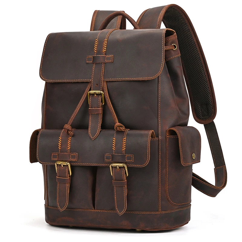 New Design 2025 crazy horse leather men's computer bag male leather backpack and retro large capacity school backpack bag