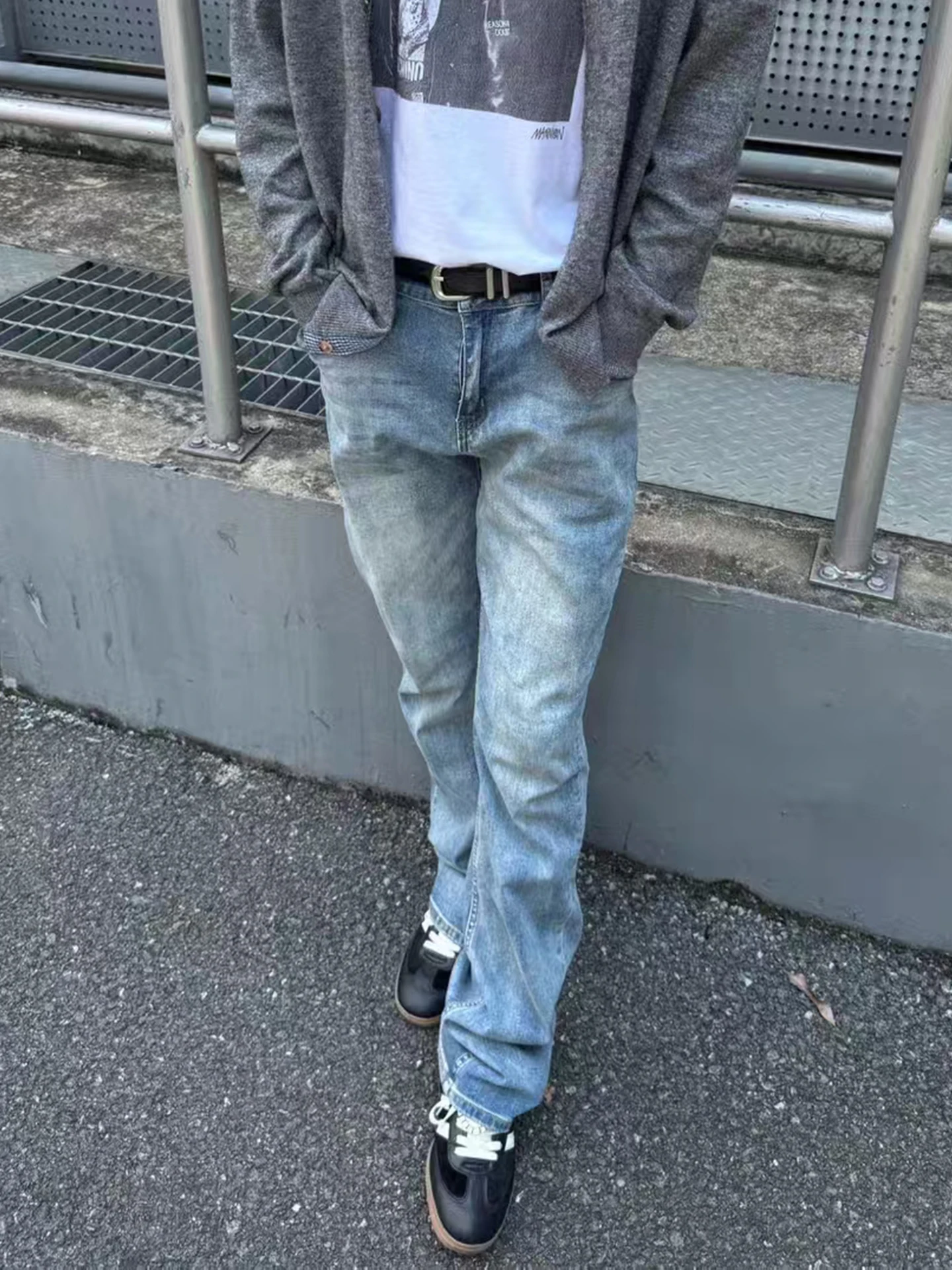 

American Sle High Elastici Bell Bot Jeans Men's Casual Clean Fit Long Pants Blue Color Durable Stretchy Denim Trousers