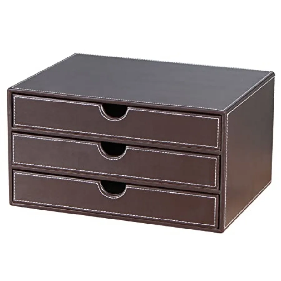 

Stackable 3-Drawer Desk Organizer, Executive Office Supplies Desktop Filing A4 File Cabinet/Holder, Leather Storage Box for Doc