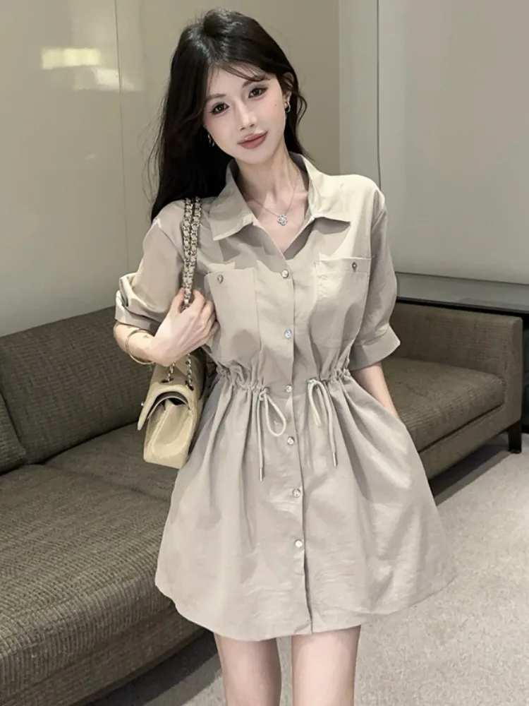 

Slimming A-Line Neck Short Sleeve Drawstring Waist Dress Summer Pure Desire Single Button Belly Covering Thin Dress