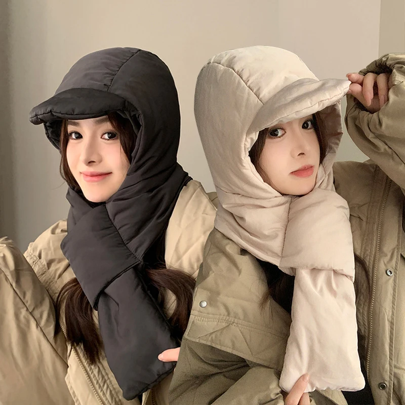 Winter Thickened Down Cotton Windproof Hat Scarf Female Fall Winter Bib Cap Outdoor Warm Cycling Hat Ear Warmer Cap