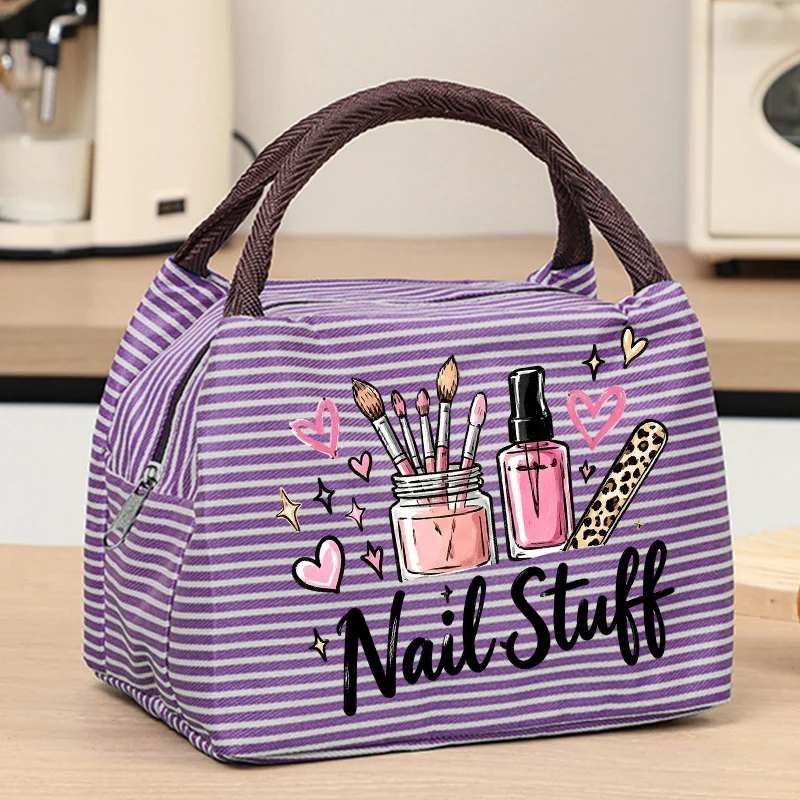 Striped Nail Tool Printed Handbag, Fun Hand-Drawn English Pattern, Reinforced Woven Handle Design, Zipper Closure Style