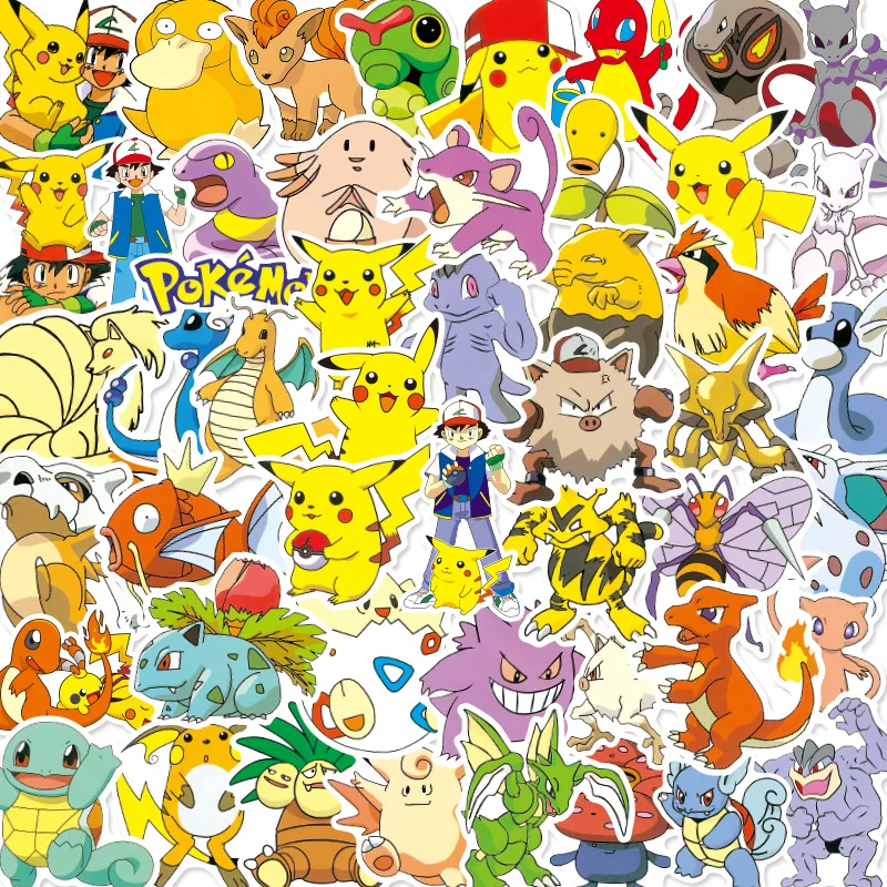 50pcs Pokémon Cartoon Pikachu Charmander Stationery Water Cup Waterproof Decorative Graffiti Sticker